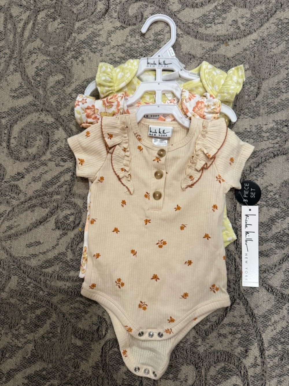 Beige Floral Ruffle Baby One-Piece - 3 Piece Set